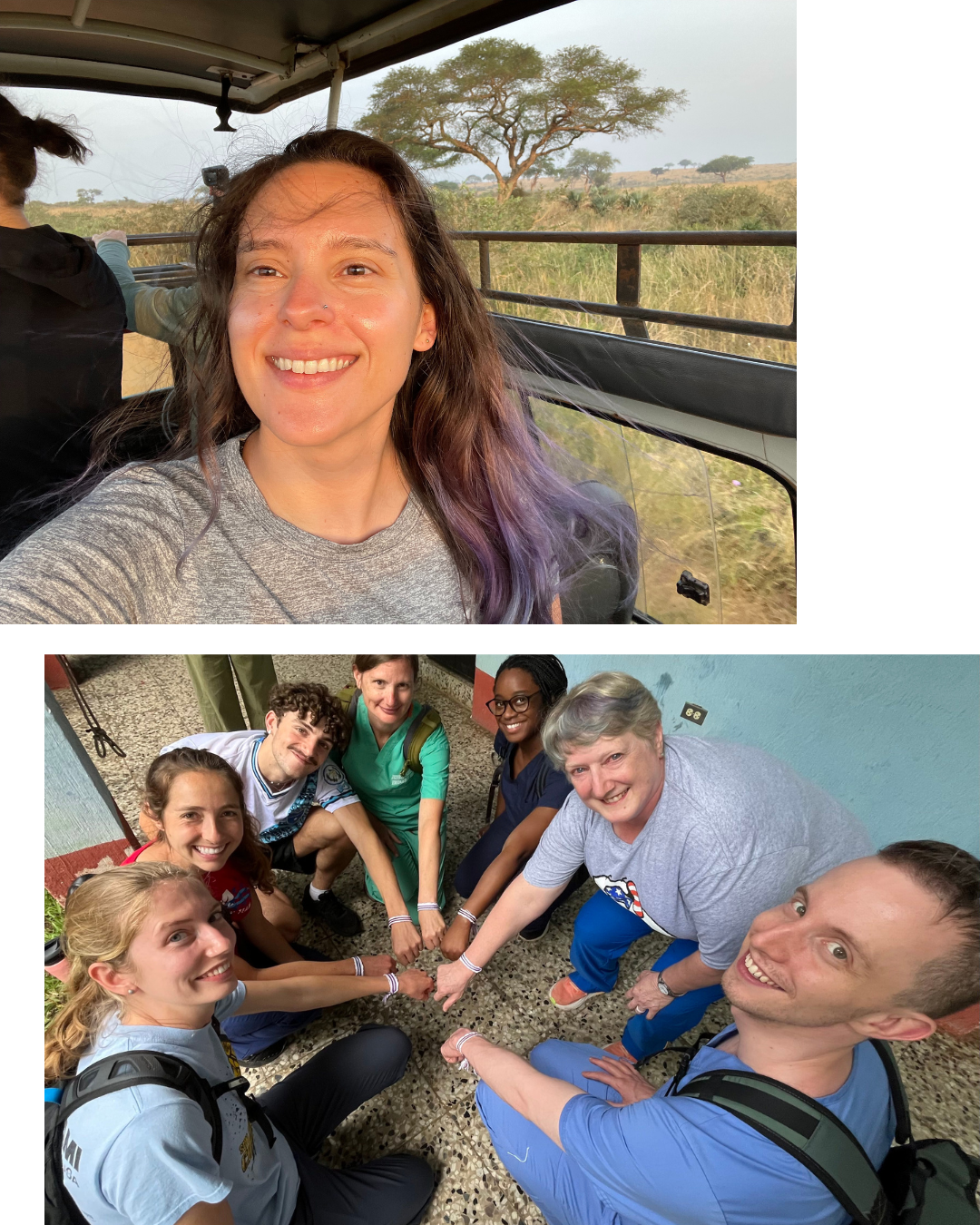 Two photos: a person seated in an open safari vehicle with grassland and a tree in the background; below, a group of people standing in a circle and placing their hands together.